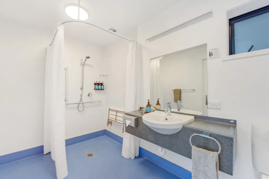 Accessible bathroom with level-entry shower, grab rails and fold-down shower seat