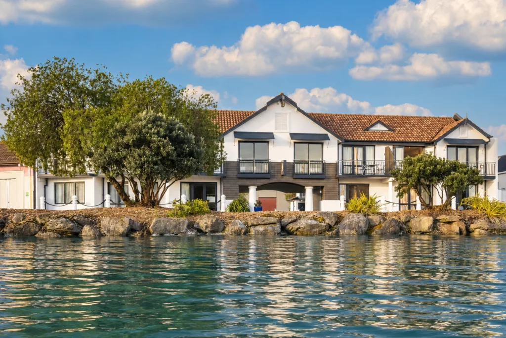 Harbourside Nelson seen from the water, with balconies and ground-floor patios above the marina rock wall