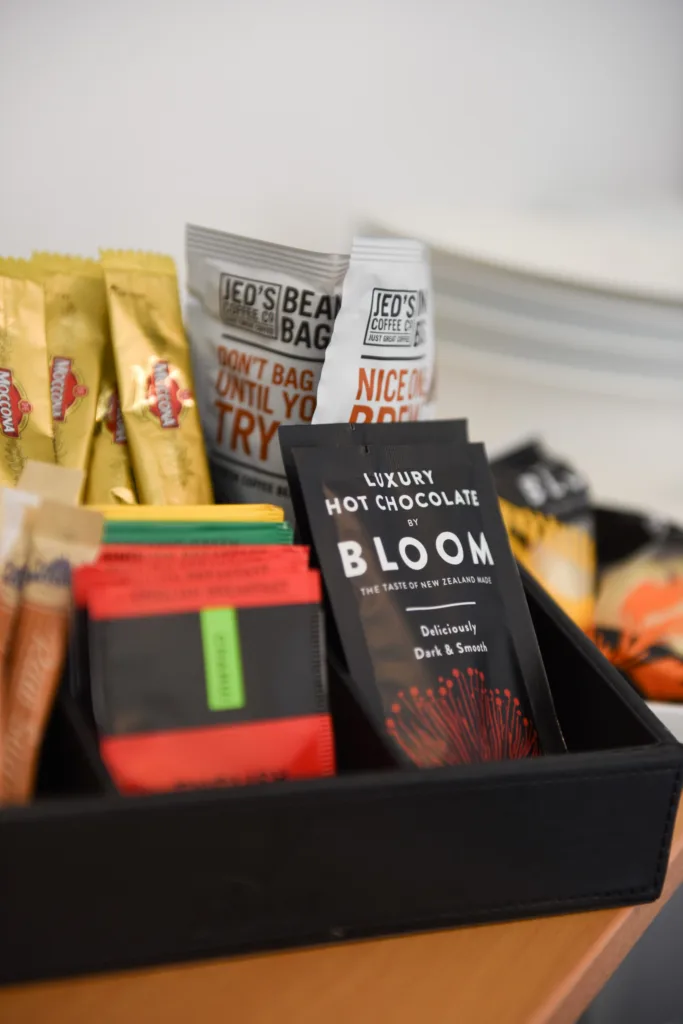 In-room tea and coffee tray with Jed's coffee bags, Chanui tea and Bloom hot chocolate