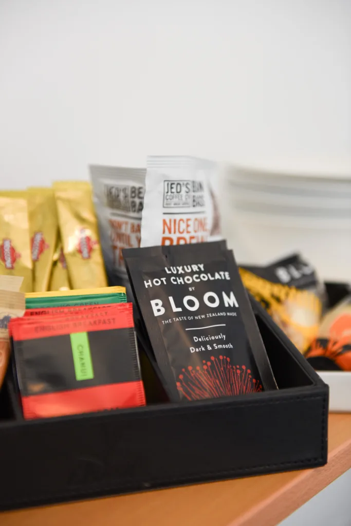 In-room tea and coffee tray with Bloom hot chocolate and Jed's coffee